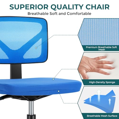 DUMOS Blue Armless Mesh Office Chair for Small Spaces, 1 Pack