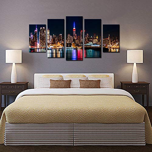 NYC Skyline Wall Art Canvas Prints - Large 60x32 Inch Night Cityscape
