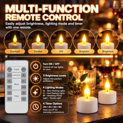 White Rechargeable Flameless Tea Lights with Remote 12pcs - USB & Timer