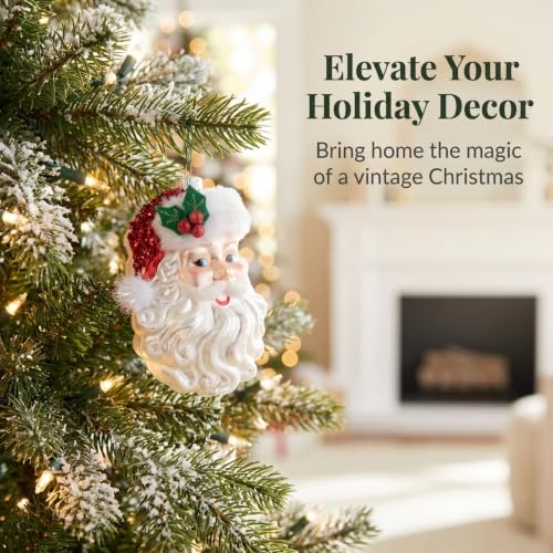 Santa Claus Face Glass Ornament – 5 Inch Holiday Christmas Tree Decor