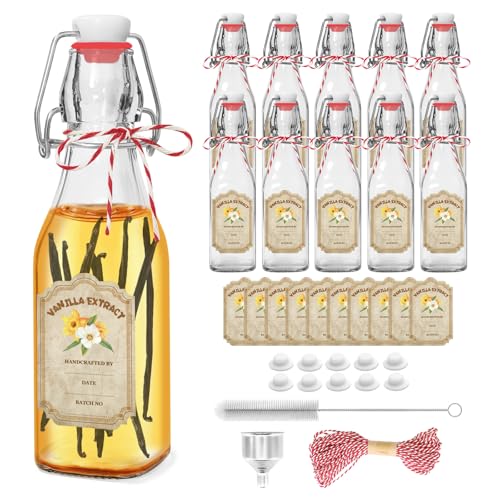 8 oz Square Glass Vanilla Extract Bottles Set - 10 Pack with Swing Tops, Labels & Funnel - Variation of 10PC 8oz Square Bottle