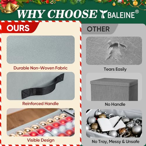 BALEINE Christmas Ornament Storage Box with Dividers, Grey, Holds 128 Balls, Soft Material