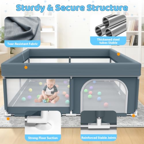 Babyvoye Grey 79x71 Inch Large Indoor & Outdoor Baby Playpen for Toddlers
