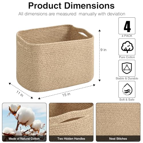 Rope Storage Baskets Set of 4 - 15x11x9 Inch Mixed Brown Organizers