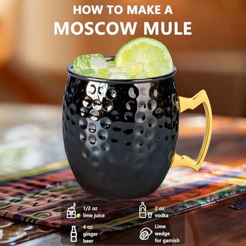 UNISWEET 4 Pack Moscow Mule Mugs – Hammered Copper Exterior, 304 Stainless Steel Lining, Black Handle (16.91 oz each)