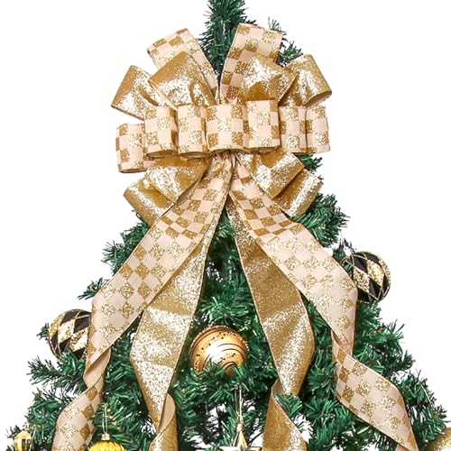 Gold Christmas Tree Topper Bow 52x13 Inches with Glitter Streamer & Ribbon