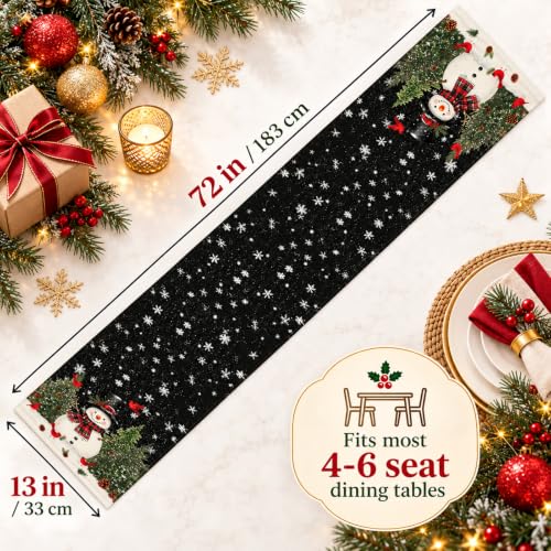 Black Snowman Xmas Tree Christmas Table Runner 13x72in Birds Snowflakes