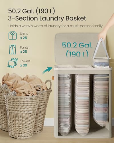 SONGMICS 190L Laundry Hamper with Lid & 3 Removable Bags - Cappuccino Beige