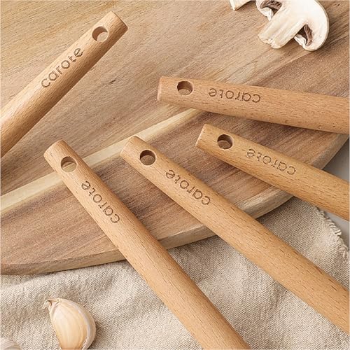 Kitchen Utensils Set with Wooden Handles - 10 Pieces Cream Food-Grade Silicone
