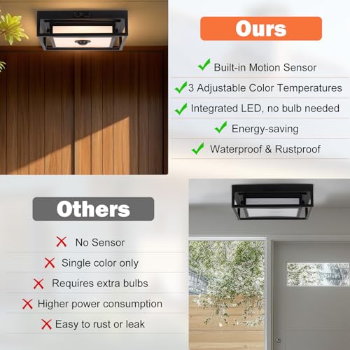 LED Motion Sensor Outdoor Ceiling Light Square Flush Mount 2 Pack - Black 10.5 Inch