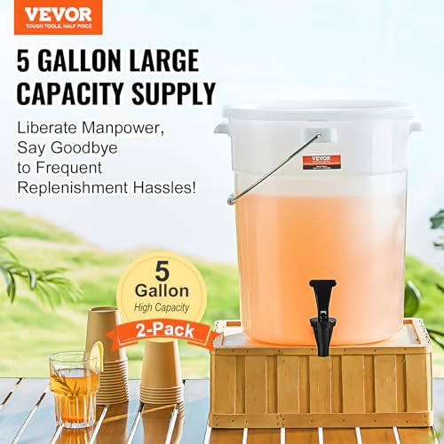 5 Gallon Beverage Dispenser 2 Pack - Plastic Juice Water Carriers with Spigot & Lid