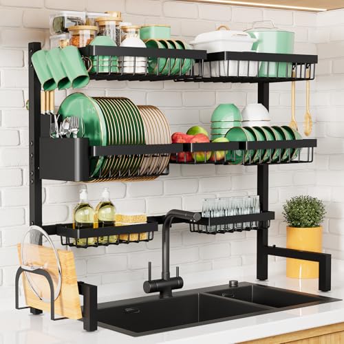 Kitsure Black Adjustable Over Sink Dish Drying Rack 31.5-39.4 Inches XL