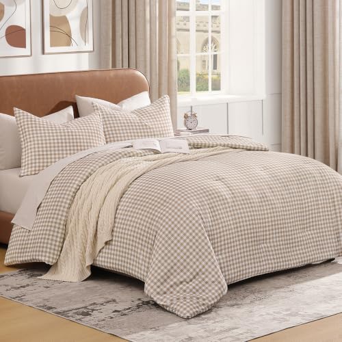 Twin Gingham Comforter Set - Tan Checkered Grid Bedding with Pillowcase - 66x90 inches - Variation 05