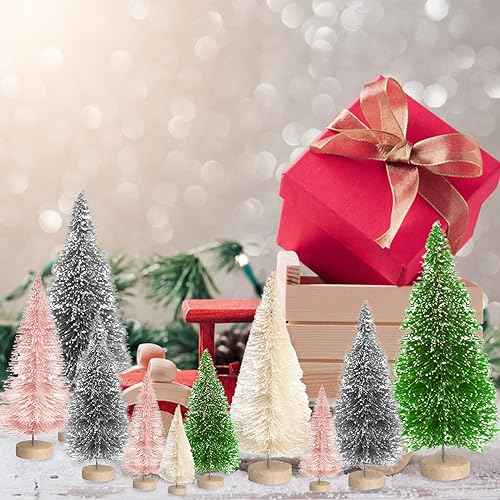 8 Pcs Mini Christmas Tree,Artificial Small Christmas Trees with Wood Base,Bottle Brush Trees Silver Xmas Tree for Christmas Decoration Winter Ornaments DIY Crafts