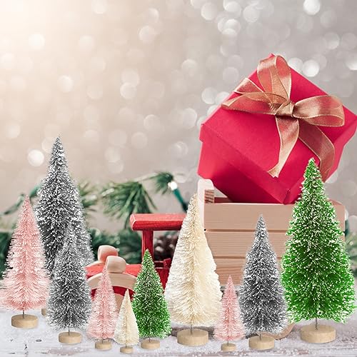 8pcs Mini Christmas Tree, Artificial Bottle Brush Trees with Wood Base, Tabletop Miniature XmasTrees with 4 Small Christmas Wreath, Fake Xmas Tree Ornament, White Christmas Tree for Christmas D?cor