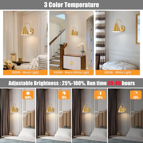 Powfloven Vintage Rechargeable Wall Sconces Set of 2, Gold Battery