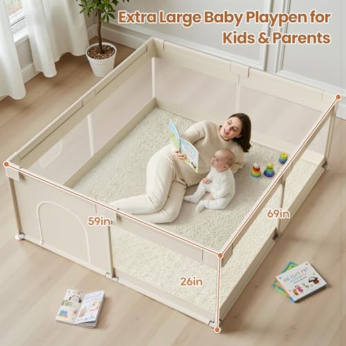 Beige Large Baby Playpen - 69x59 Inch Safety Play Yard for Toddlers & Babies - Sturdy Mesh Sides & Side Pockets