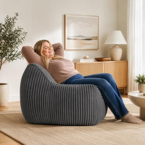Dark Grey Plush Large Bean Bag Chair for Adults with Armrests & Back Support