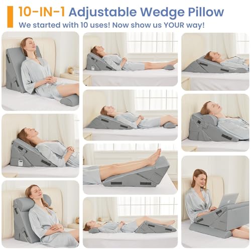 Adjustable Wedge Pillow Set for Post-Surgery Support - Dark Grey, 9 & 12 Inch + Head Pillow