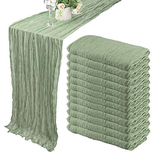 Dusty Sage Green Cheesecloth Table Runner 35x120 Inches for Boho Wedding & Party Decor - Set of 12