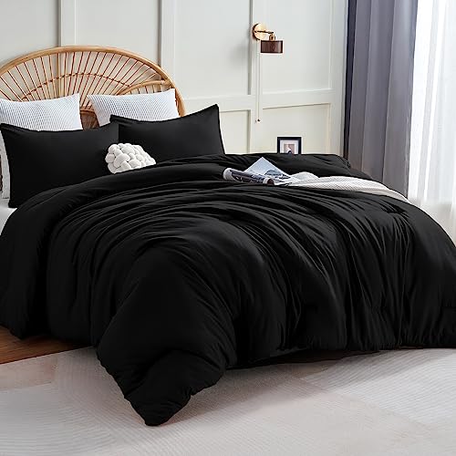 King Comforter Set with Corner Tabs - Black, 3 Pieces Down Alternative Bedding