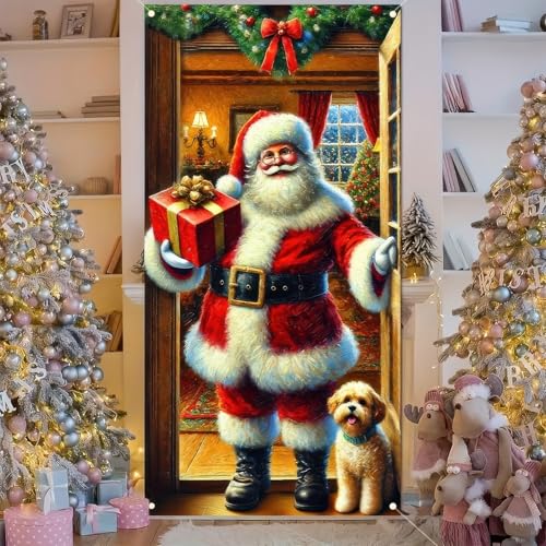 Funny Merry Christmas Door Cover Santa Claus Welcome Banner, 71 x 35 Inch Christmas Party and Home Decor for Front Door Holiday Cheer