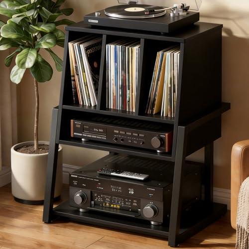 Homieasy Record Player Stand with Power Outlet - Black