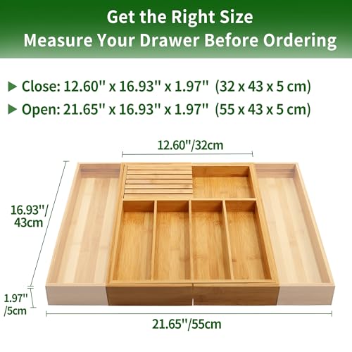 VaeFae Natural Bamboo Silverware Drawer Organizer, 7 Slots, Adjustable