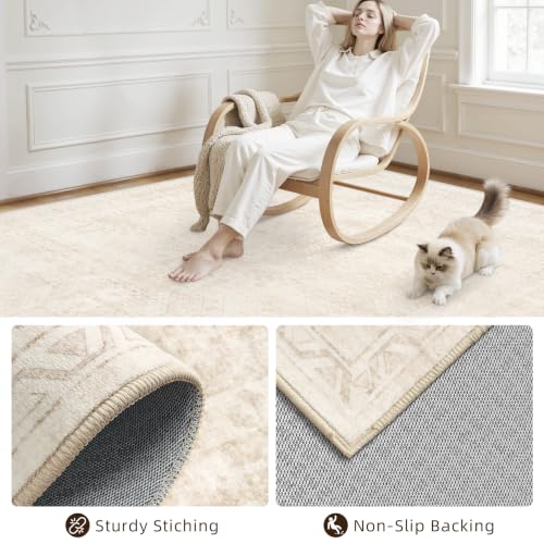 Luxturiy 6x9 Beige Area Rug - Machine Washable Low-Pile Living Room Carpet