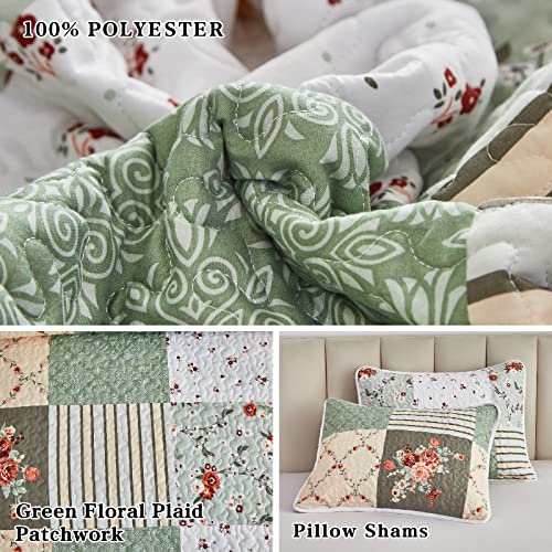 Patchwork Quilt Set Full/Queen Green Floral Plaid Bedspread 3 Pieces - Reversible Lightweight Microfiber Summer Bed Coverlet - Queen 90"x90" Variation of THIS listing