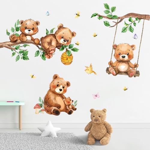 Yovkky Woodland Animals Bear Wall Decals Stickers, Forest Cute Birds Branch Swing Honeycomb Infant Neutral Toddler Baby Nursery Decor, Butterfly Bee Leaves Mushroom Decorations Kids Bedroom Playroom