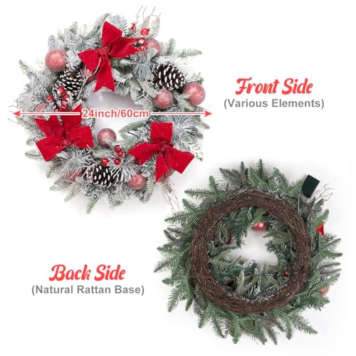 GarveeHome 24in Red & White Pre-Lit Christmas Wreath with Bow, Pinecones, Berries, Balls & 30 LEDs (Battery Operated)