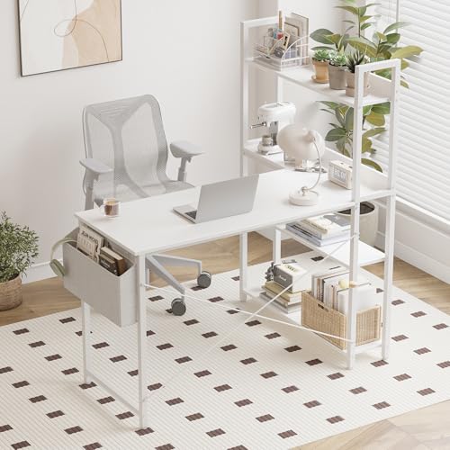 Treesland 47-Inch White Corner Computer Desk with Bookshelf & Storage