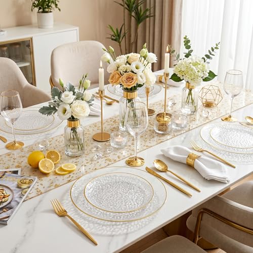 Clear Disposable Plates with Gold Rim - Heavy Duty Party Plates, Hammered Design, 60 Pieces - Variation: Clear Gold