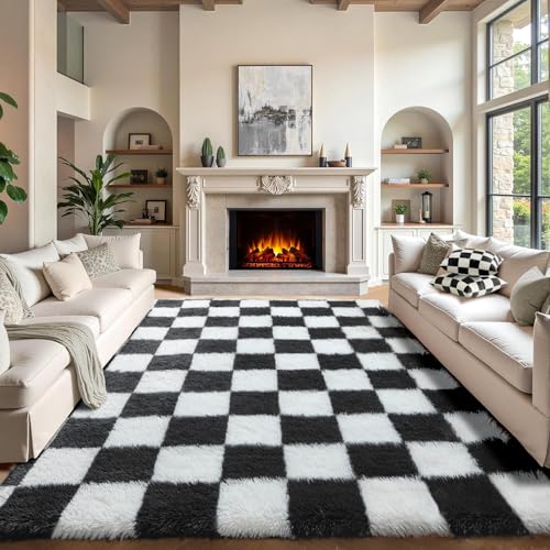 KICMOR 8x10 Black & White Checkered Shag Area Rug - Large Fluffy Plush Carpet for Living Room, Bedroom, Nursery