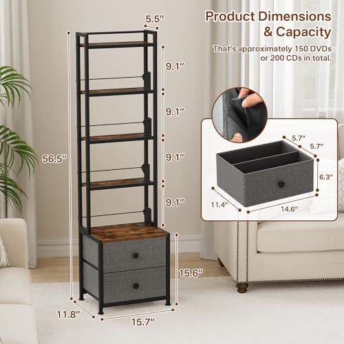 Black CD & DVD Storage Rack with Drawer - 5-Tier Media Organizer
