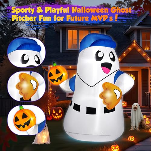 5FT Halloween Inflatable Ghost Pitcher with Pumpkin Baseball Outdoor Yard Decoration LED Lights