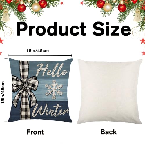 4PCS Christmas Throw Pillow Covers 18x18 Inch, Blue Snowflake Winter Holiday Wishes Pillow Cases Christmas Trees Seasonal Cushion Covers for Home Sofa Couch Outdoor Decoration