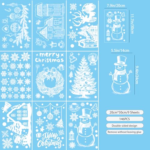 146 PCS White Christmas Window Clings for Glass, Double-Sided,