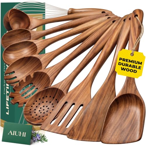 10 Pack Wooden Cooking Utensil Set - Teak Kitchen Tools Including Spatulas Whisk and Spaghetti Server