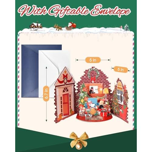 Pop Up 3D Christmas Cards - Cute Cozy Holiday Cats Living Room Xmas Greeting Cards with Envelopes, Festive Themed Gift Card, Christmas Tree and Fireplace Design