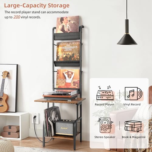 Tewinko Record Player Stand with Power Outlet & Vinyl Storage - Black & Brown
