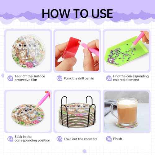 Diamond Painting Coasters Kit - 8 PCS Owl Diamond Art Kits for Adults Crafts Set for DIY Flower Coasters with Holder Table Home Decor Christmas Birthday Gift for Beginners Adult