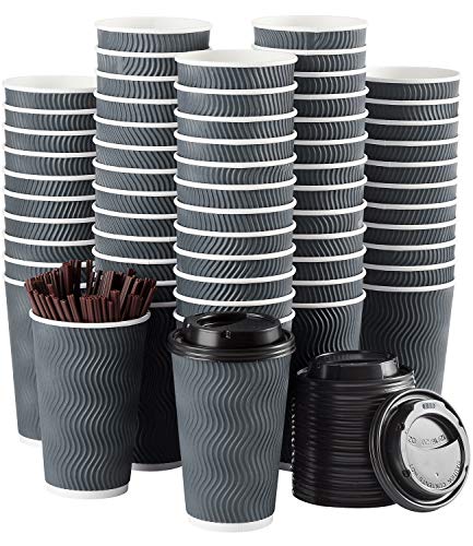 Springpack Gray Disposable Coffee Cups with Lids & Straws 16oz - 90 Set
