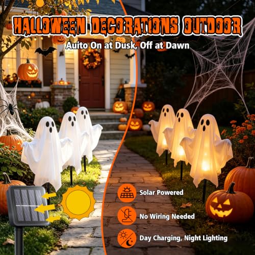 Halloween Ghost Solar Lights Outdoor 6 Pack - Warm White, Weatherproof & Adjustable Arms