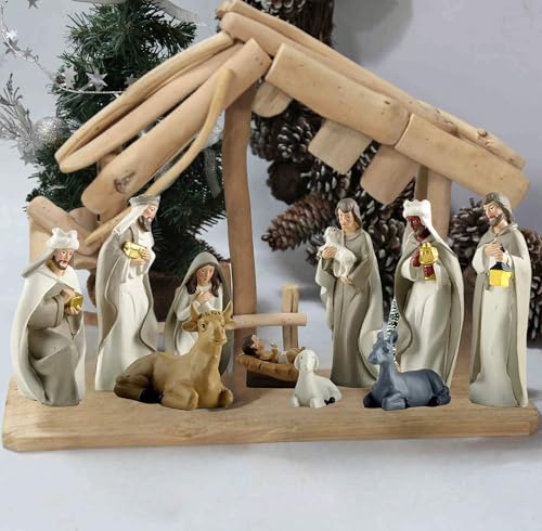 Kambanan 11PCS Nativity Scene Set - Hand-Painted Resin Holy Family Christmas Decor