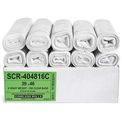 Clear 45 Gallon Trash Bags Pack of 250 - Heavy Duty Garbage Liners 39x46 - 16 Micron