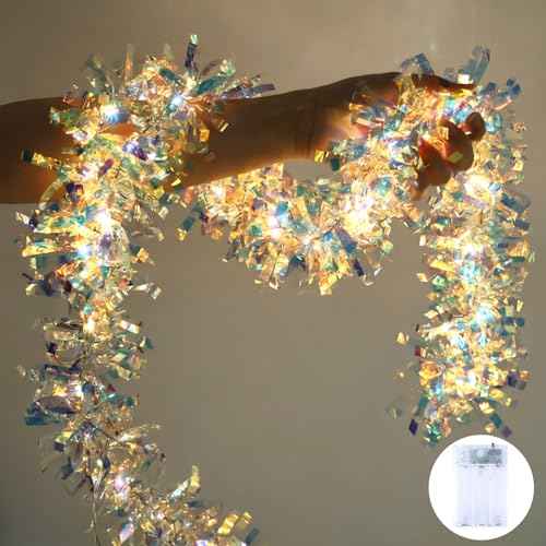 LAWOHO 6.5FT/2M Christmas Tinsel Garland with 40 LED Lights, Shiny Iridescent Foil Decorations for Christmas Tree, Wedding Birthday Party Supplies, New Year Holiday Parties, Indoor Hanging Home Decor