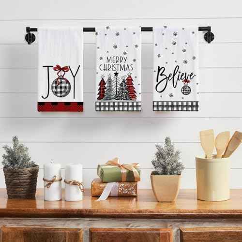 Buffalo Plaid Christmas Kitchen Towels 16x24 Inch Red Black Hand Towels for Kitchen,Christmas Decorations for Bathroom,Festive Holiday Dish Cloths for Xmas Winter Home Indoor Decor Set of 4