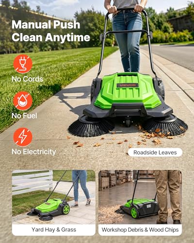 VEVOR Green Walk-Behind Hand Push Floor Sweeper, 25.6-Inch Width, Manual Non-Electric Yard Sweeper